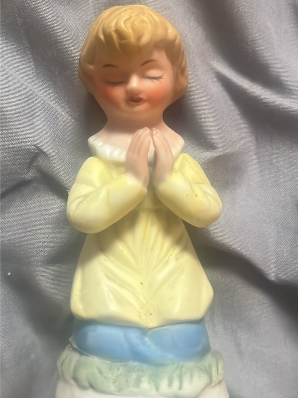 Hand-Painted Porcelain Praying Child Figurine in Yellow and Blue - Home Accent